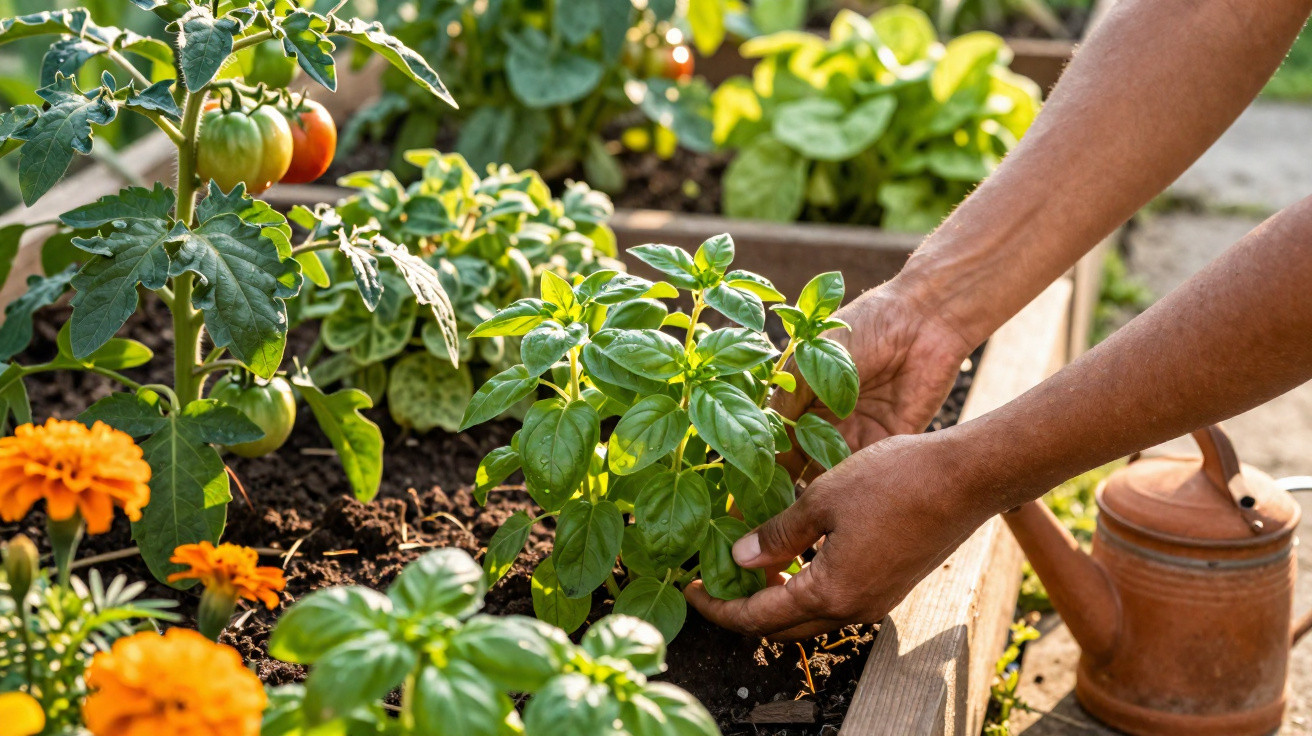 Mãos a cuidar de plantas hortícolas numa horta em canteiro, com regador de metal ao lado.