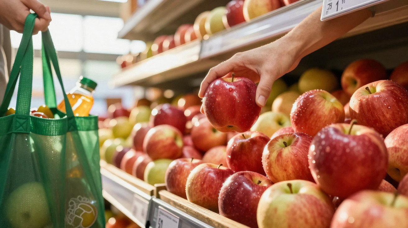 Pessoa a escolher maçã fresca numa banca de frutas num supermercado, com sacola reutilizável verde na mão.