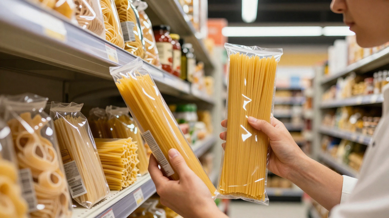 Pessoa a comparar pacotes de massa espaguete num supermercado, rodeada de várias variedades na prateleira.