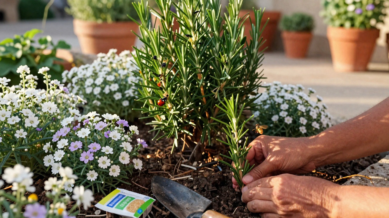 Mãos a plantar um ramo de alecrim num jardim com flores brancas e lilases em vasos ao fundo.