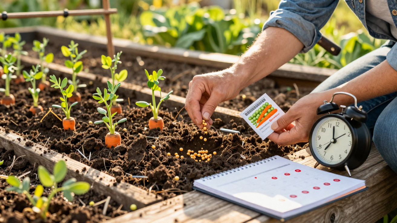Mãos a plantar sementes num canteiro de cenouras com caderno e relógio ao lado, em jardim ao ar livre.