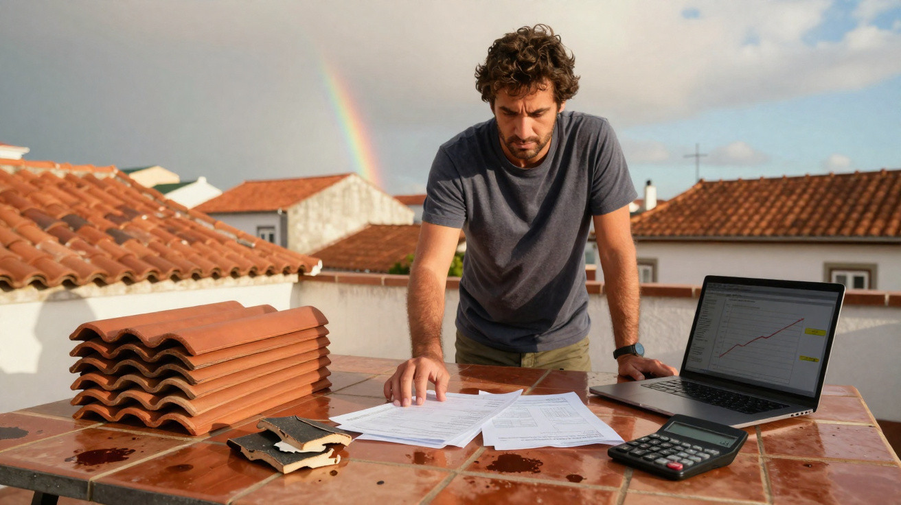 Homem consulta documentos numa mesa com telhas, calculadora e computador portátil num terraço com arco-íris ao fundo.