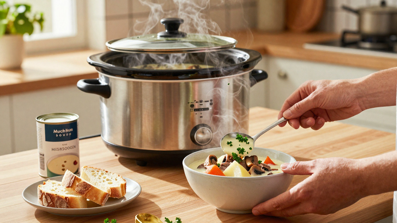 Pessoa a servir sopa quente com legumes numa tigela, ao lado de slow cooker e pão fatiado na cozinha.