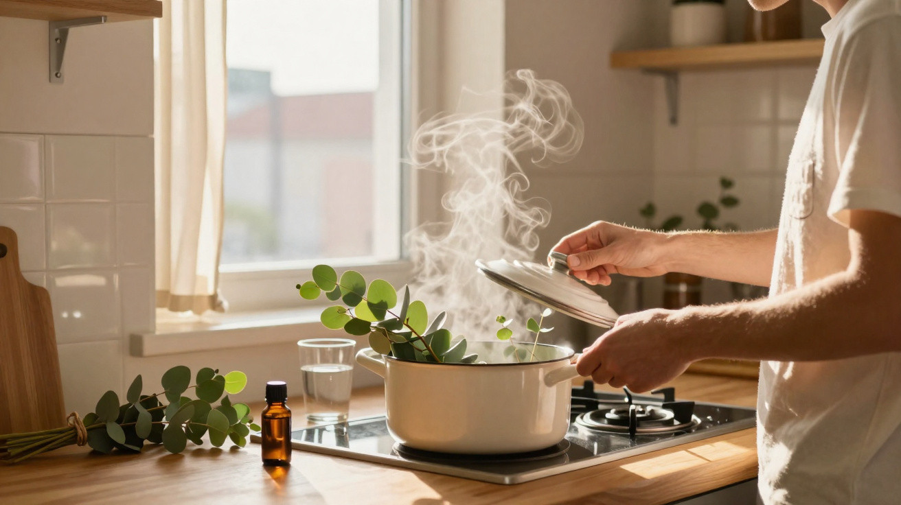 Pessoa a levantar a tampa de panela com vapor, folhas verdes e luz natural numa cozinha moderna.