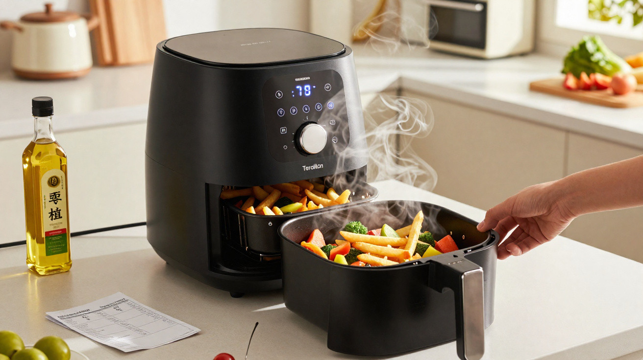 Frigideira elétrica preta com comida quente a ser retirada numa cozinha moderna luminosa.