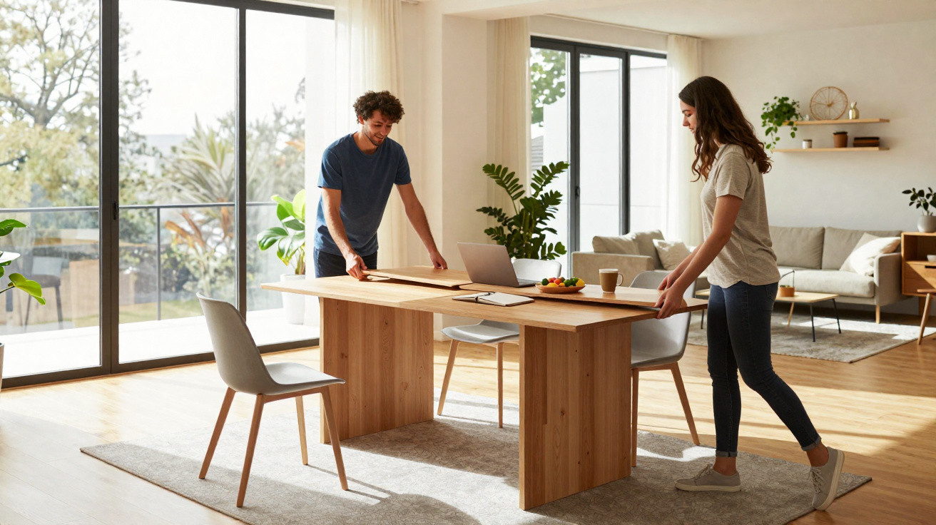 Casal a montar uma mesa de madeira dobrável numa sala iluminada com móveis modernos e plantas.
