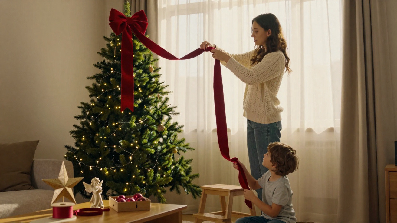 Mulher e criança a decorar árvore de Natal com fita vermelha junto a janela iluminada.