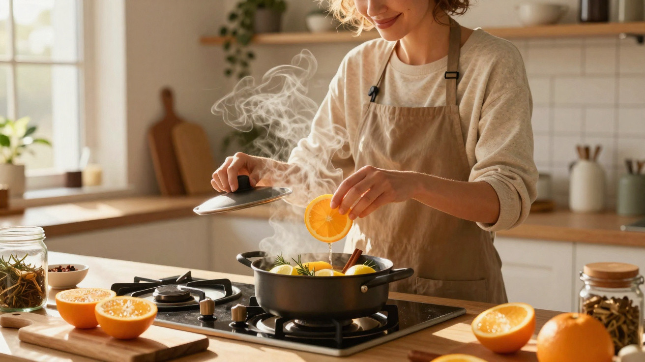 Mulher a cozinhar com tacho a ferver e fatias de laranja numa cozinha iluminada e acolhedora.