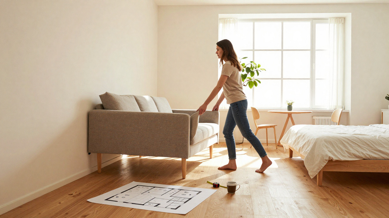 Mulher a movimentar um sofá numa sala luminosa com planta, planta baixa e cama ao fundo.