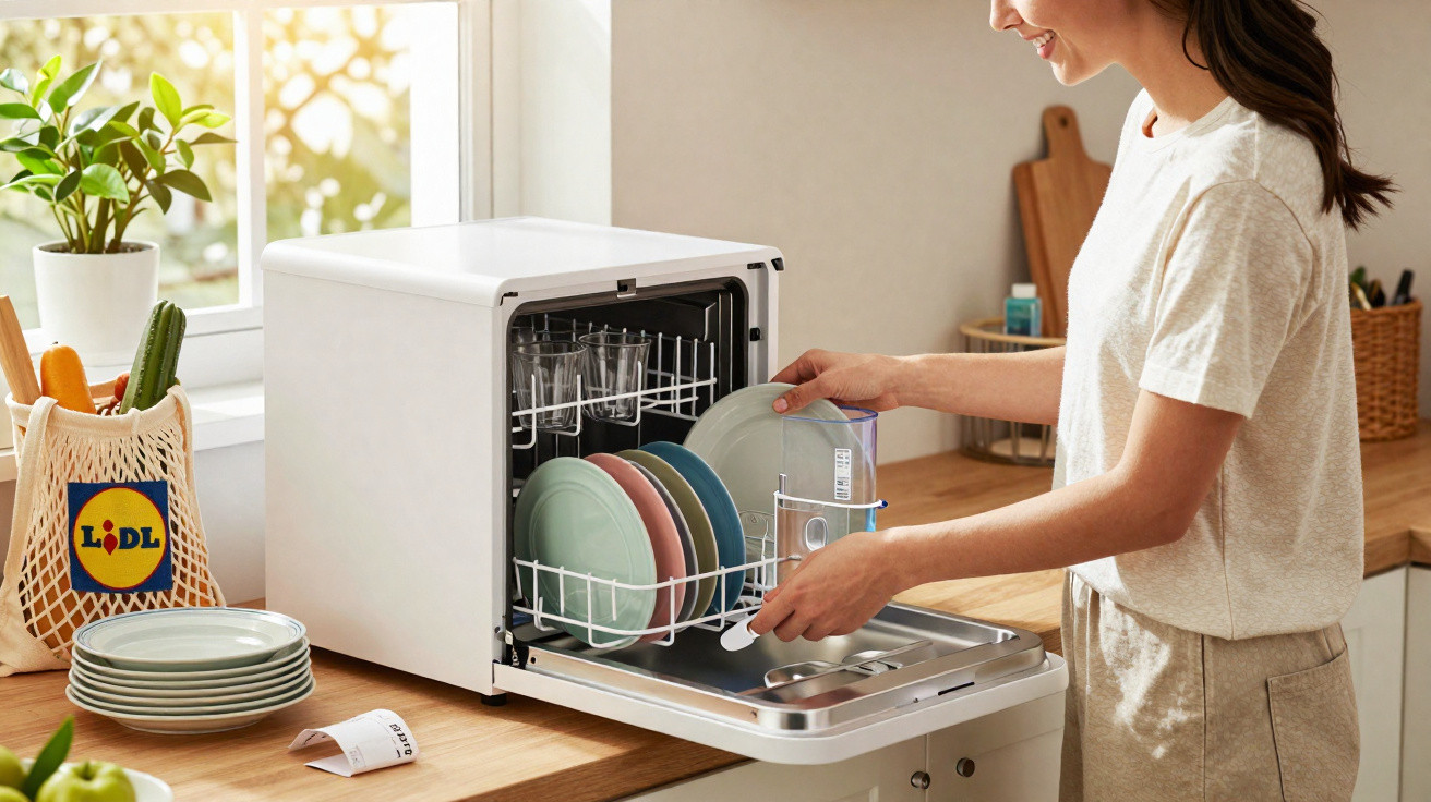 Mulher a carregar pratos limpos numa pequena máquina de lavar loiça numa cozinha luminosa.