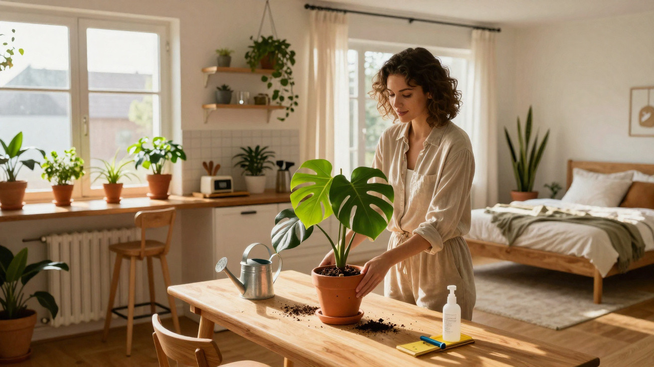 Mulher a cuidar de planta numa sala iluminada com várias plantas e mobília em madeira clara.
