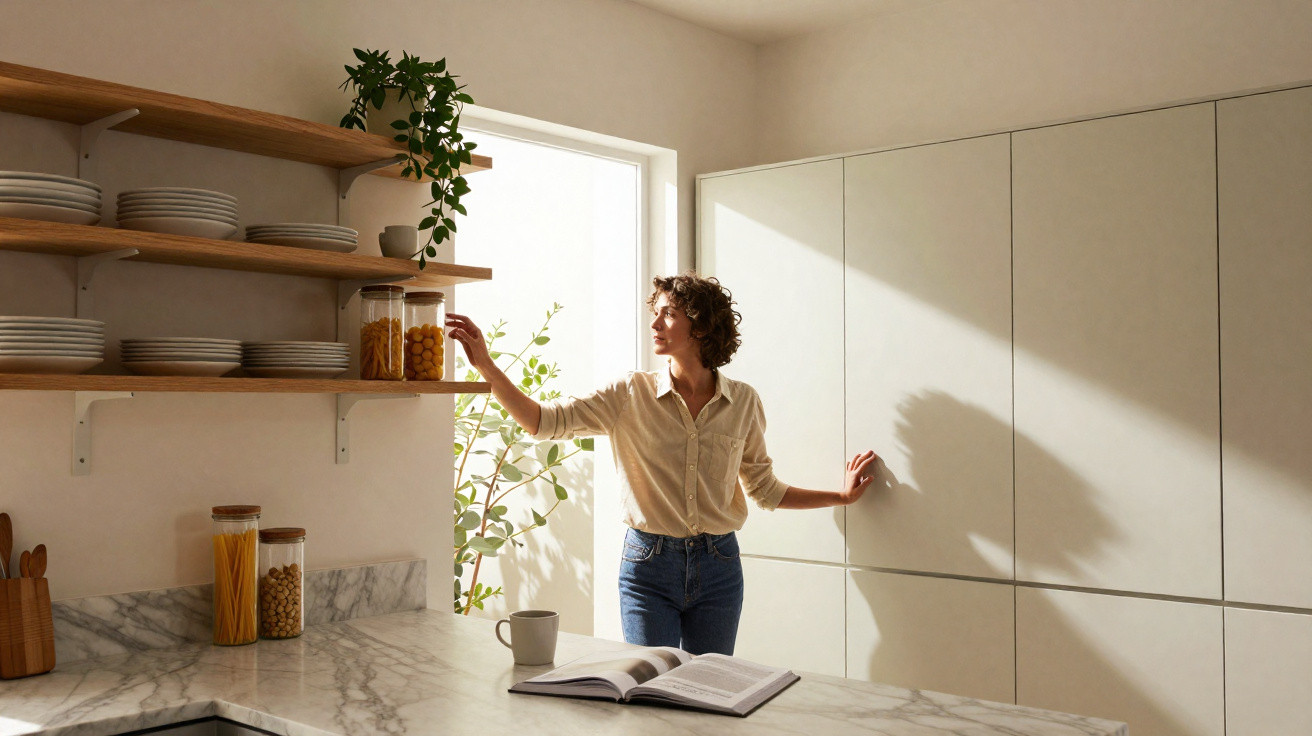 Mulher a apanhar algo numa prateleira de cozinha iluminada por luz natural, com livro aberto no balcão.