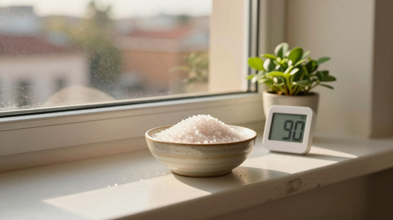Tigela com sais na soleira da janela, ao lado de planta em vaso e termómetro digital a indicar 90.