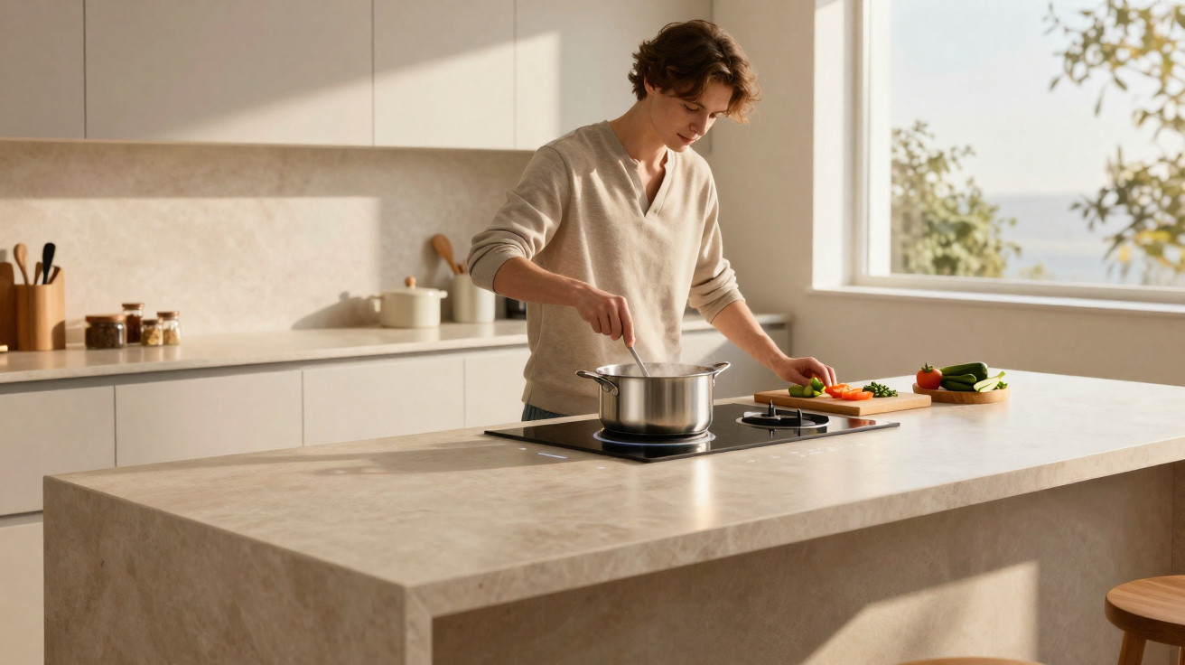 Pessoa a cozinhar com legumes numa cozinha moderna e luminosa com bancada em pedra clara.