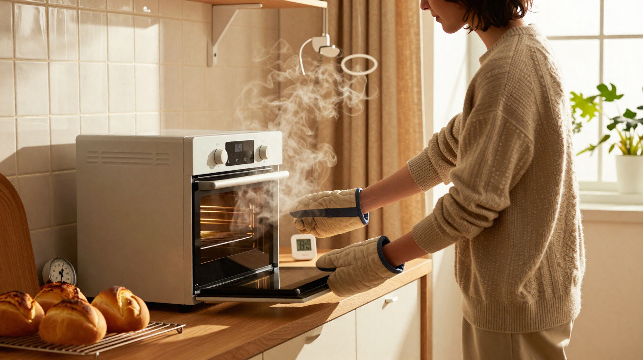 Mulher a retirar tabuleiro de forno elétrico com vapor numa cozinha iluminada junto a pão fresco.