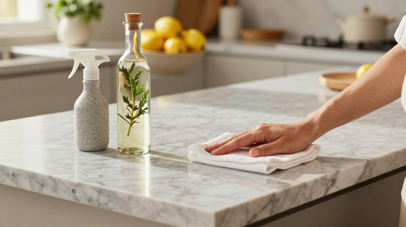 Mão a limpar bancada de mármore com pano branco junto a frasco de spray e garrafa com ervas aromáticas.