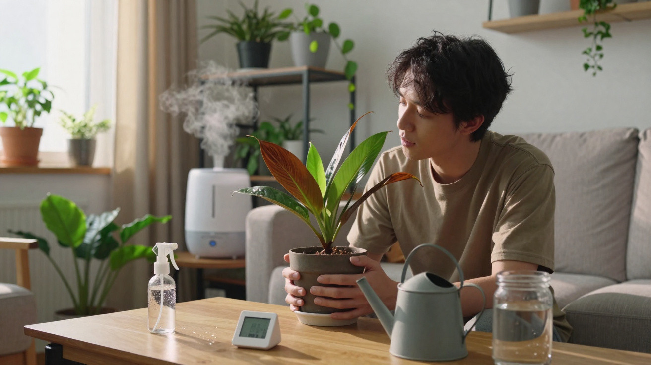 Homem a cuidar de planta dentro de casa com regador, borrifador e humidificador ao fundo.