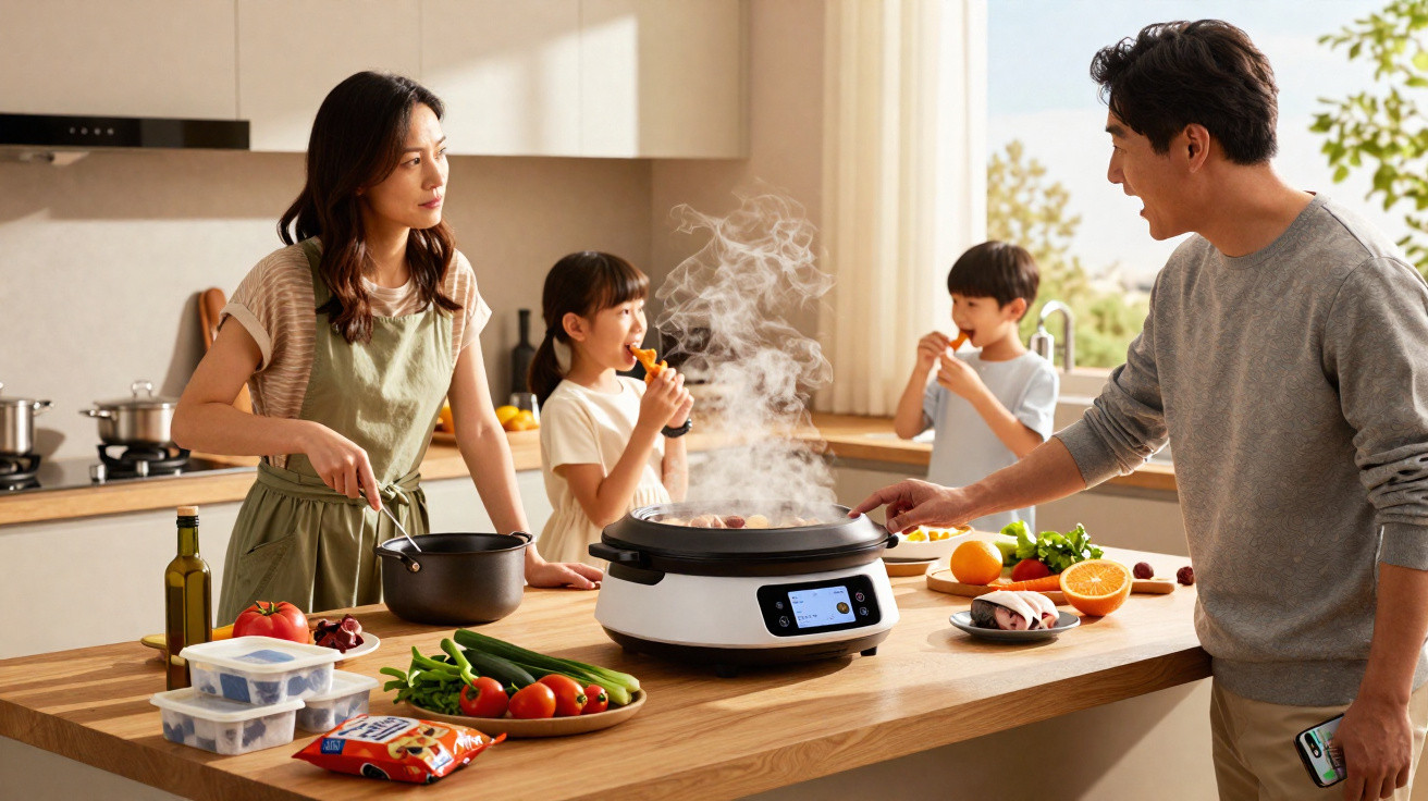 Família asiática cozinha junta numa cozinha moderna, crianças comem legumes enquanto os pais preparam a comida.
