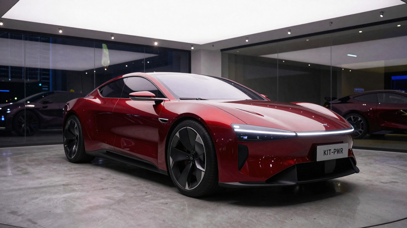 Carro desportivo elétrico vermelho brilhante estacionado em garagem moderna com iluminação suave e piso cinzento.