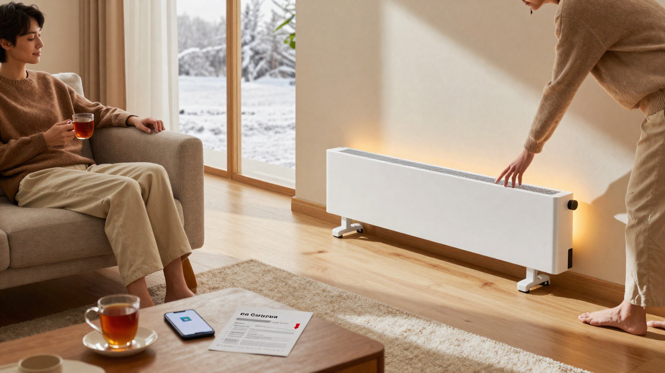 Pessoa ajusta aquecedor elétrico numa sala com outra pessoa sentada no sofá a beber chá no inverno.
