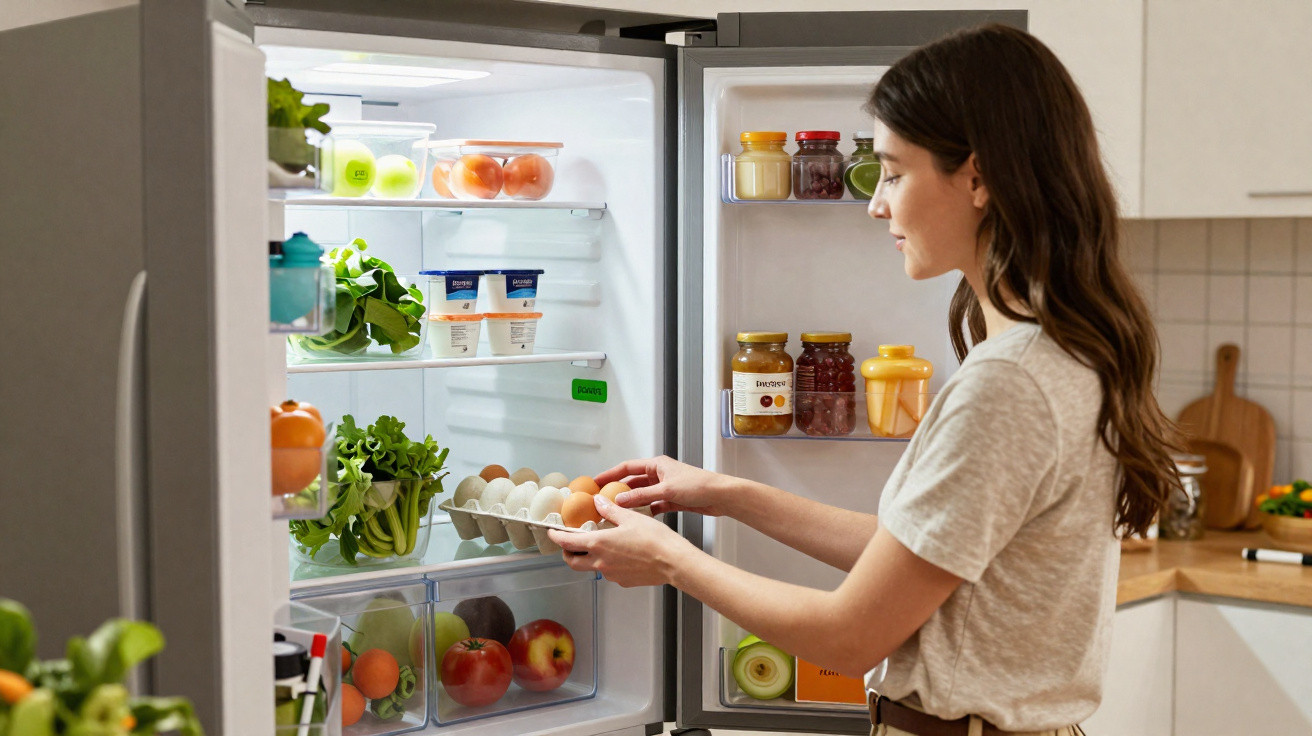 Mulher a guardar ovos na prateleira do frigorífico com legumes, frutas e condimentos organizados.
