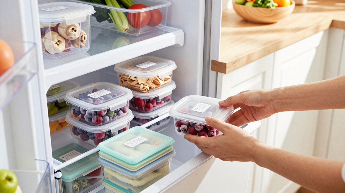Mãos a colocar recipiente com frutas congeladas em frigorífico organizado com alimentos em caixas plásticas.