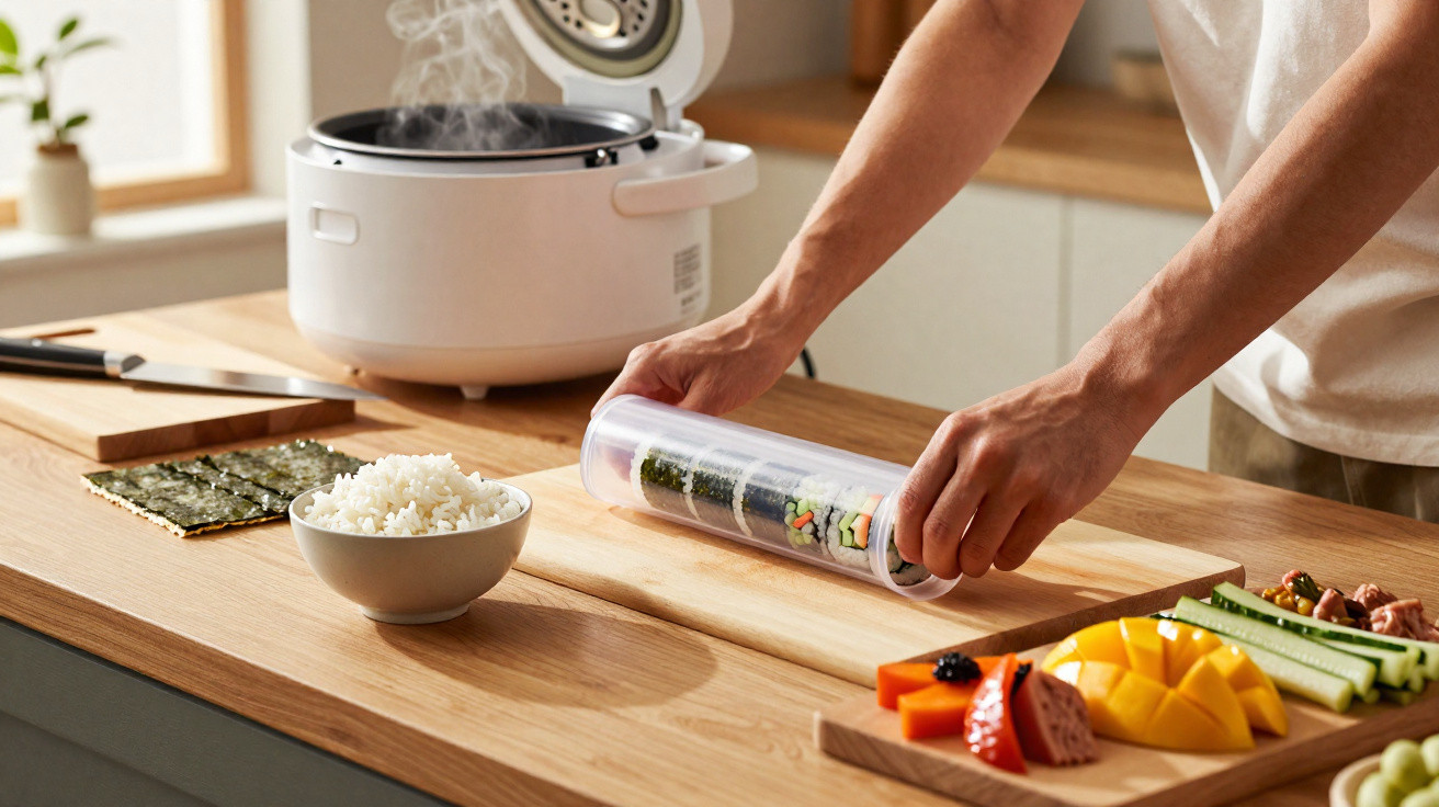 Pessoa a preparar rolo de sushi numa cozinha com arroz, legumes e uma panela de arroz elétrica ao fundo.
