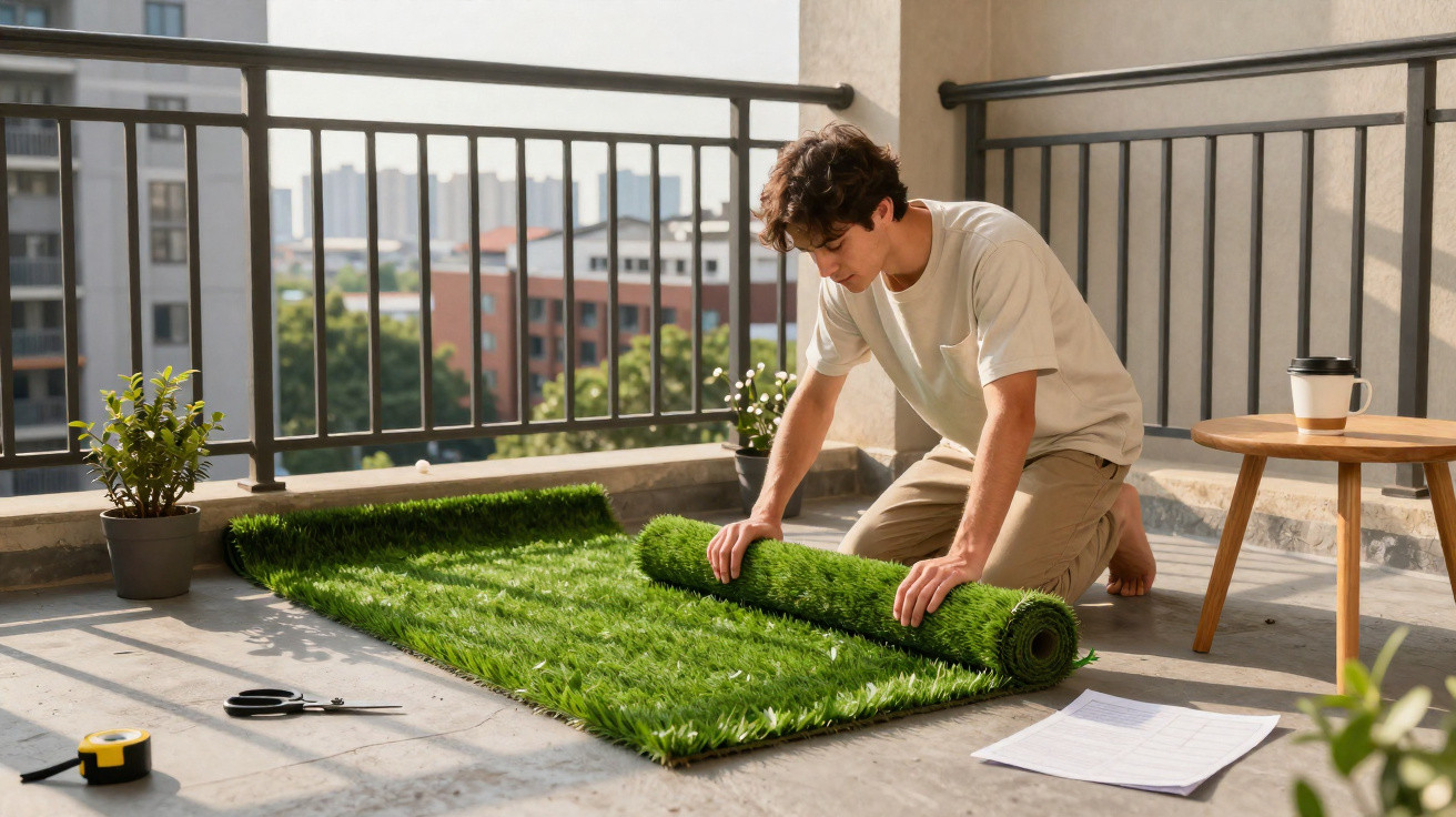 Homem a colocar relva artificial num terraço urbano, com plantas e objetos ao redor.