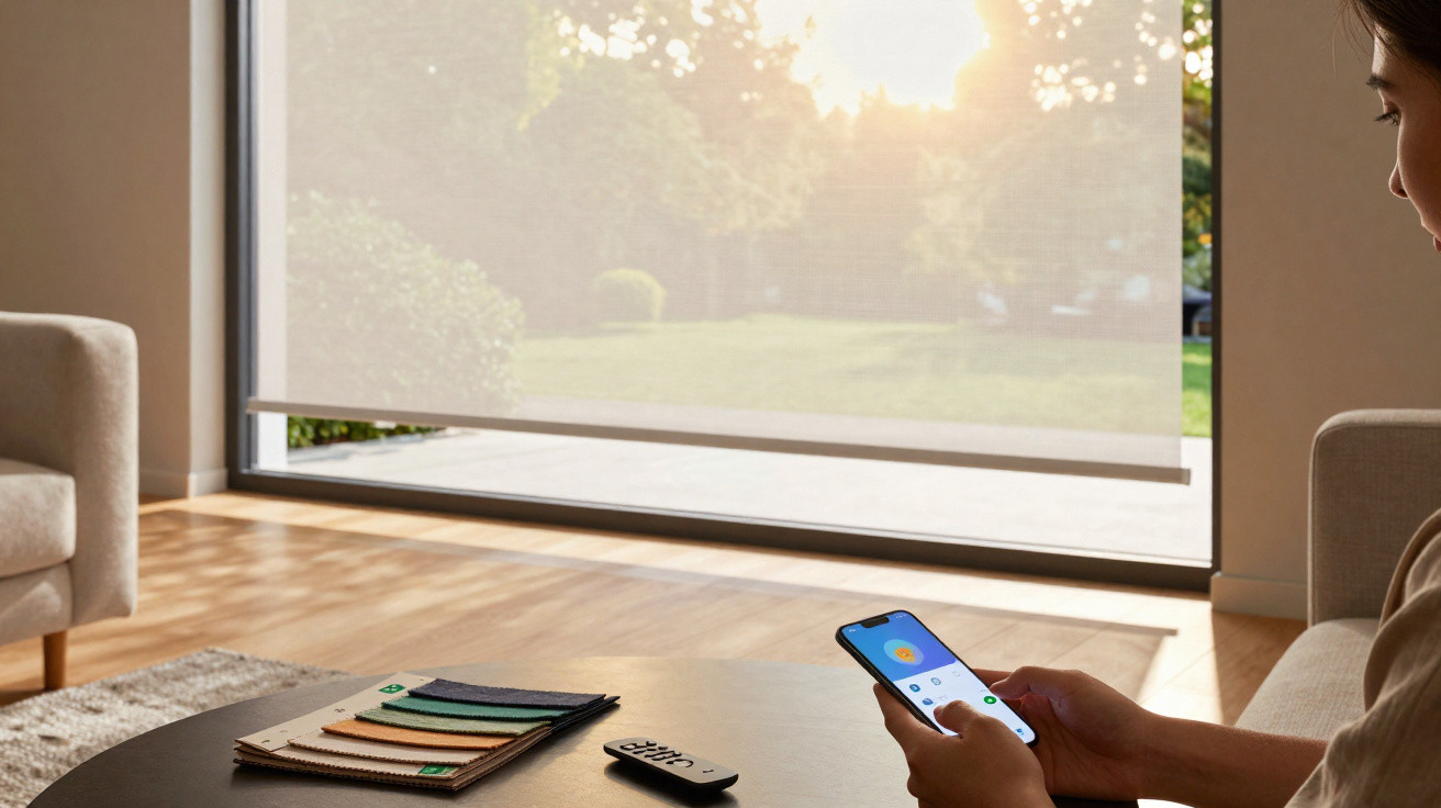 Pessoa sentada numa sala a controlar persiana eletrónica com um smartphone, luz suave do sol entra pela janela.