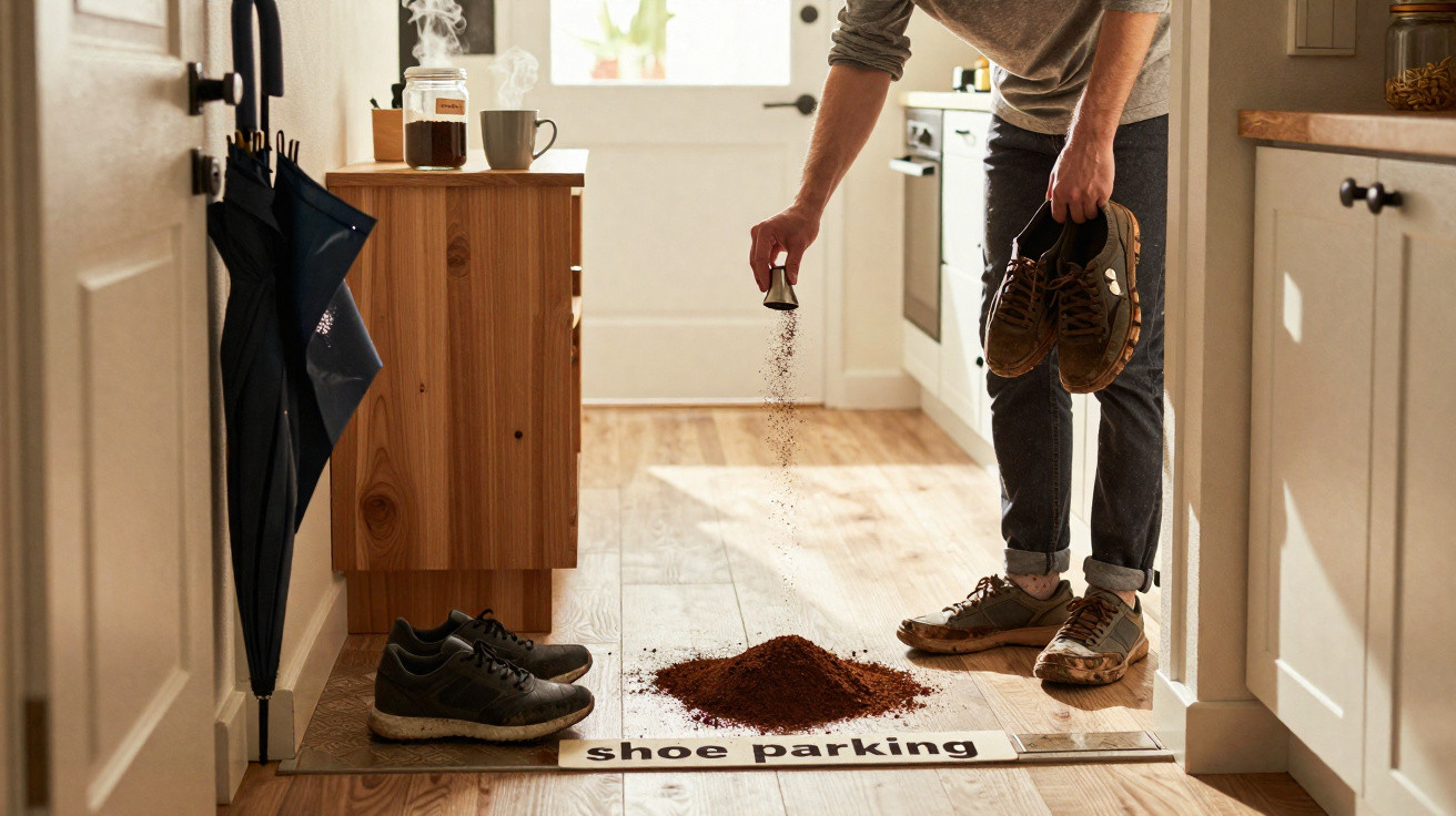 Pessoa a despejar café moído sobre um local marcado como "shoe parking" para colocar sapatos no chão de madeira.
