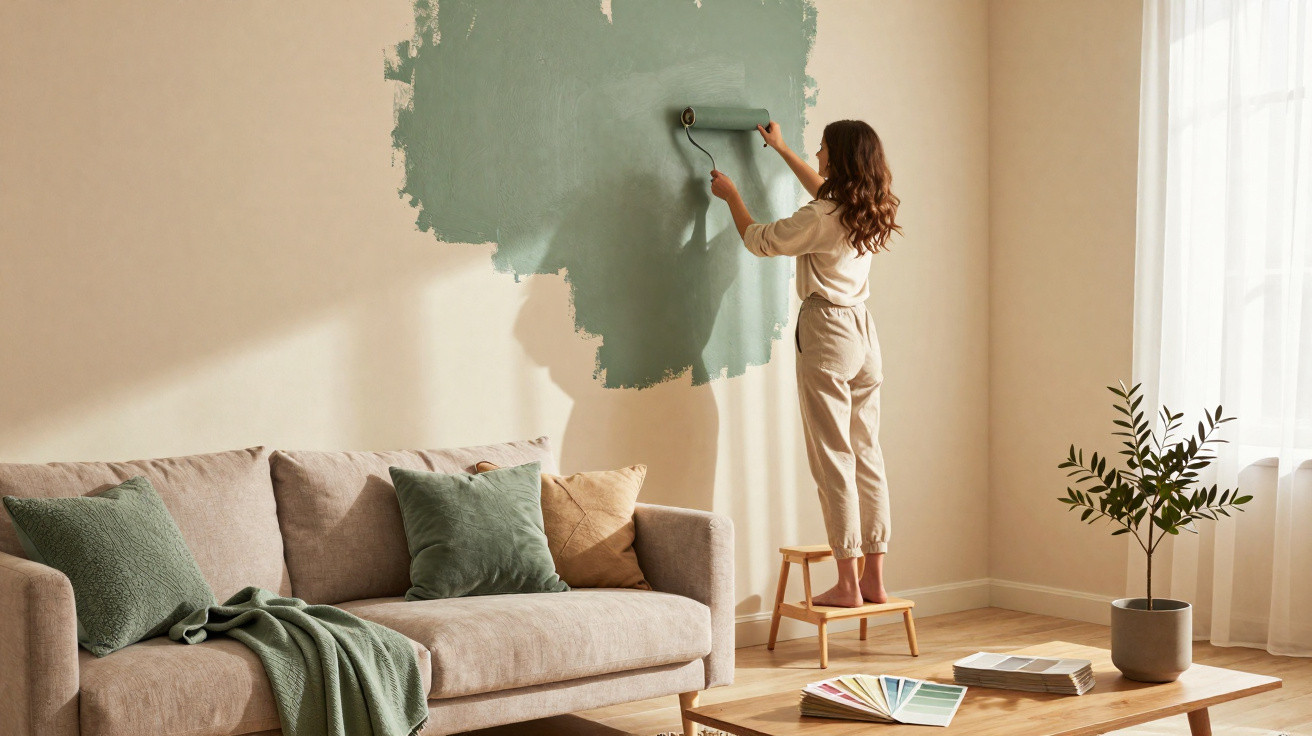Mulher a pintar a parede da sala de verde, em pé num banco, junto a um sofá e uma planta.