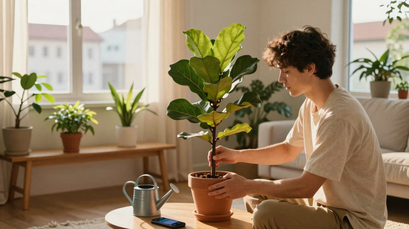 Rapaz a cuidar de planta em vaso numa sala iluminada com várias plantas e móveis de madeira.