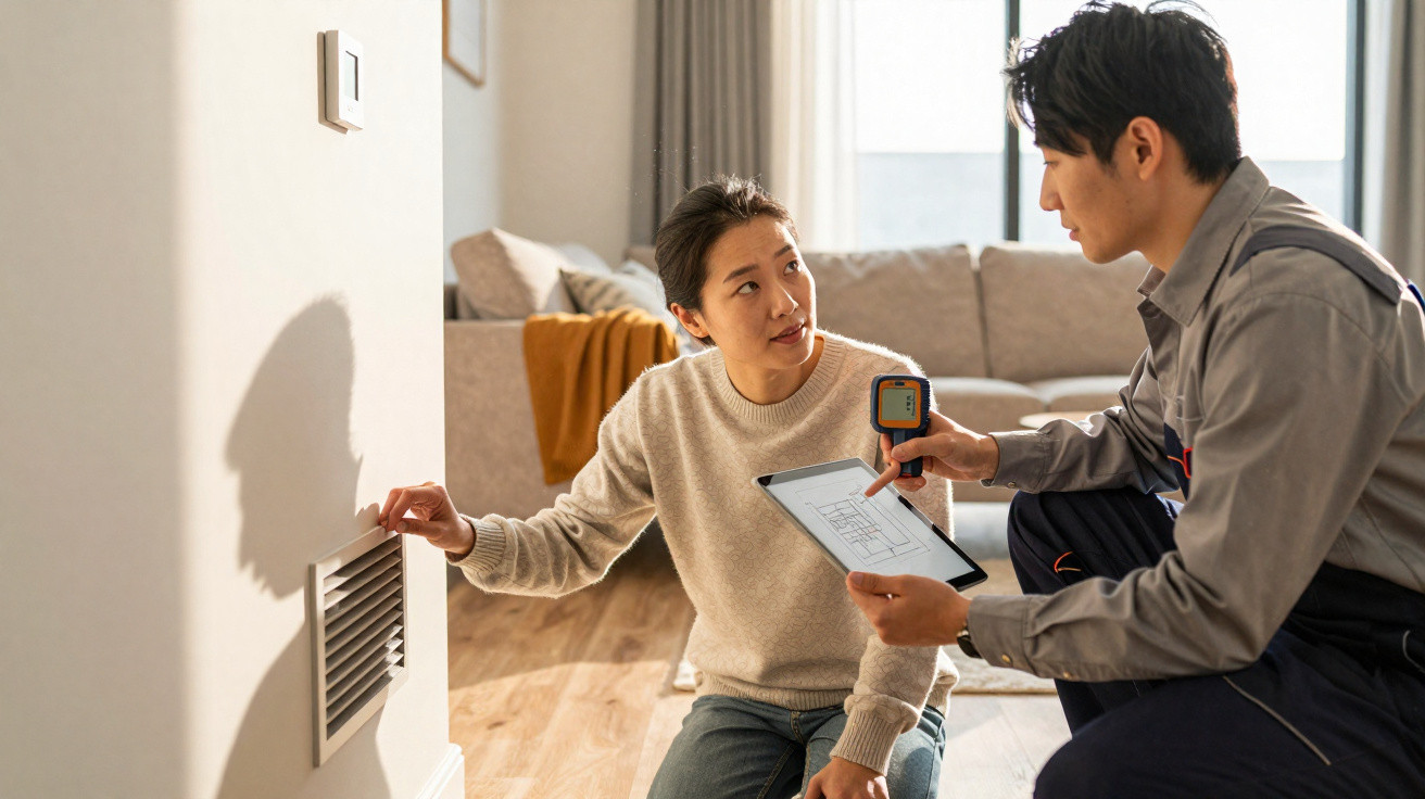 Técnico e cliente analisam sistema de ventilação numa sala de estar luminosa e confortável.