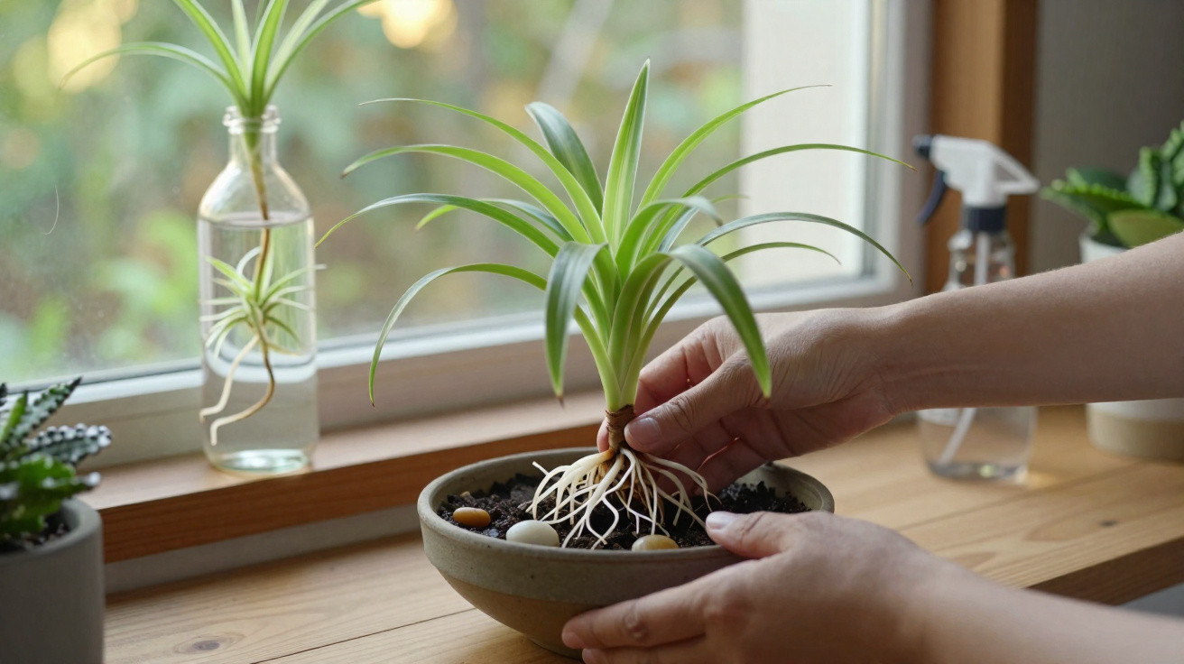 Mãos a plantar uma planta com raízes expostas num vaso junto à janela com luz natural.