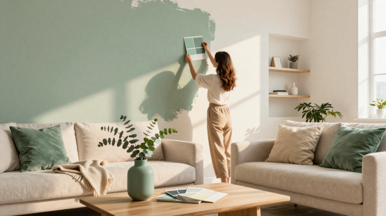 Mulher a escolher cor verde para pintar a parede numa sala luminosa com sofás e planta na mesa de madeira.