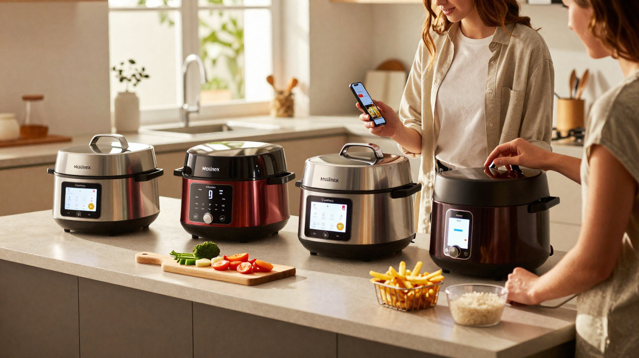 Duas mulheres a usar robôs de cozinha Moulinex em bancada moderna com legumes e batatas fritas.
