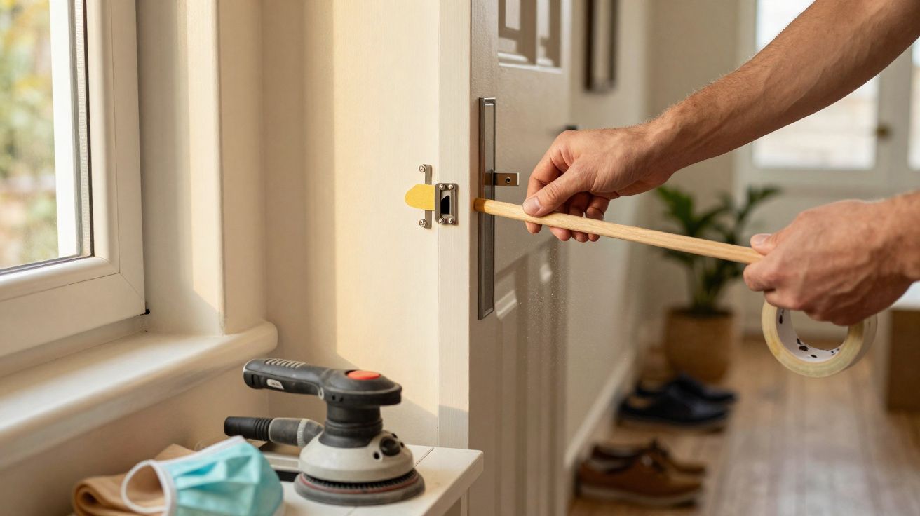 Mãos a instalar ou reparar a fechadura de uma porta com fita adesiva e régua de madeira.