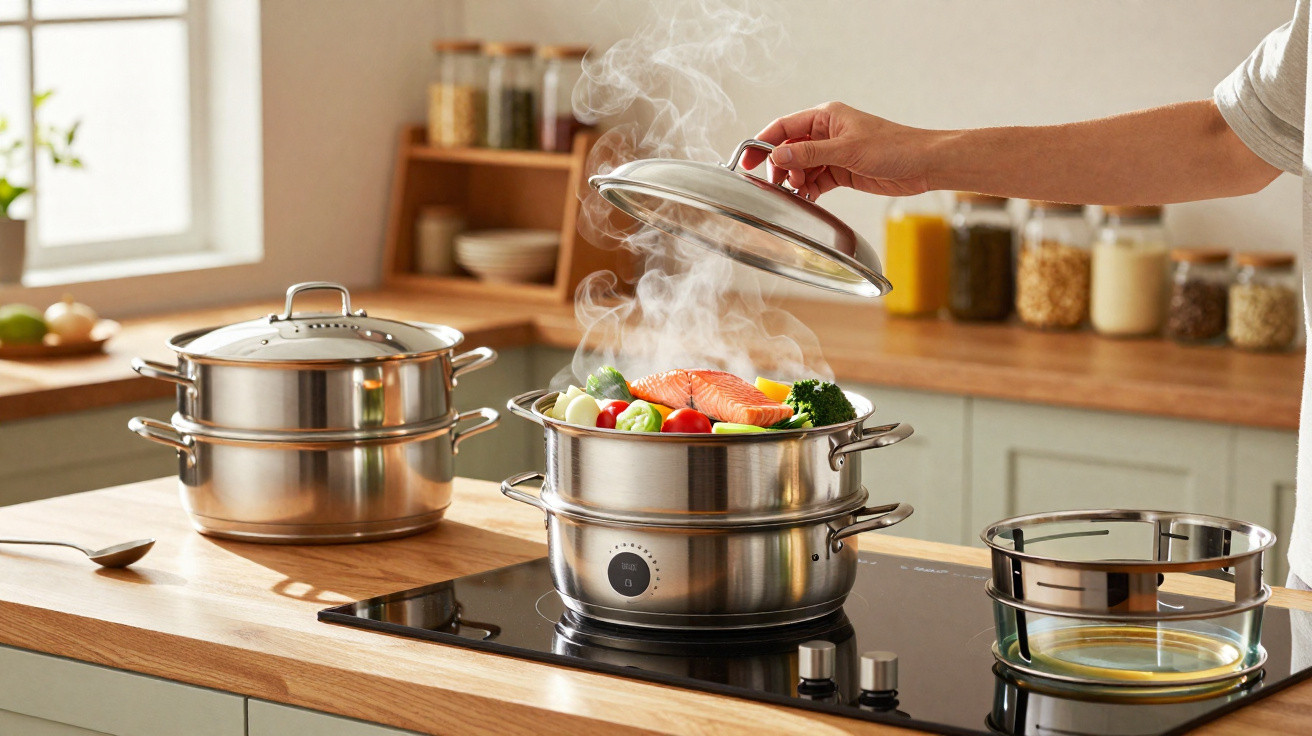 Mão a levantar tampa de cozi­nhador a vapor com legumes e salmão a cozinhar num fogão de indução.