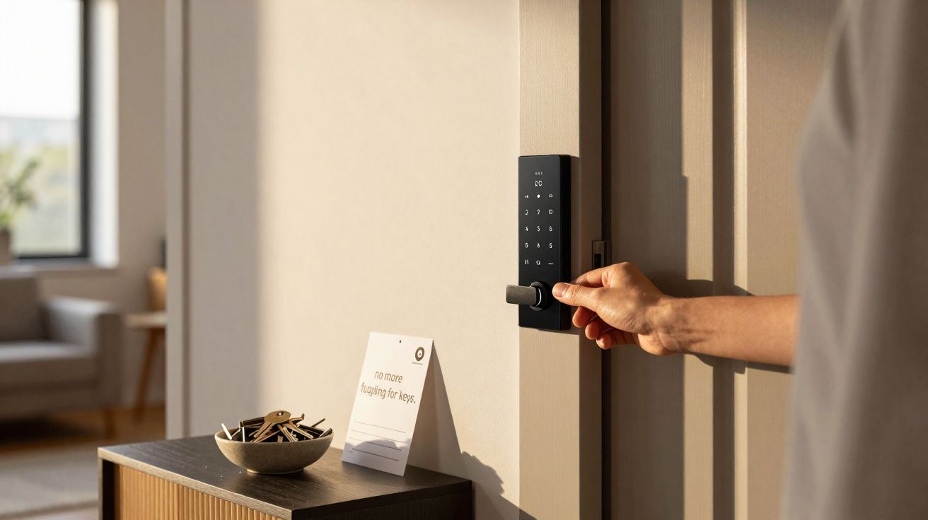 Pessoa a abrir porta com fechadura digital num ambiente interior moderno e iluminado.