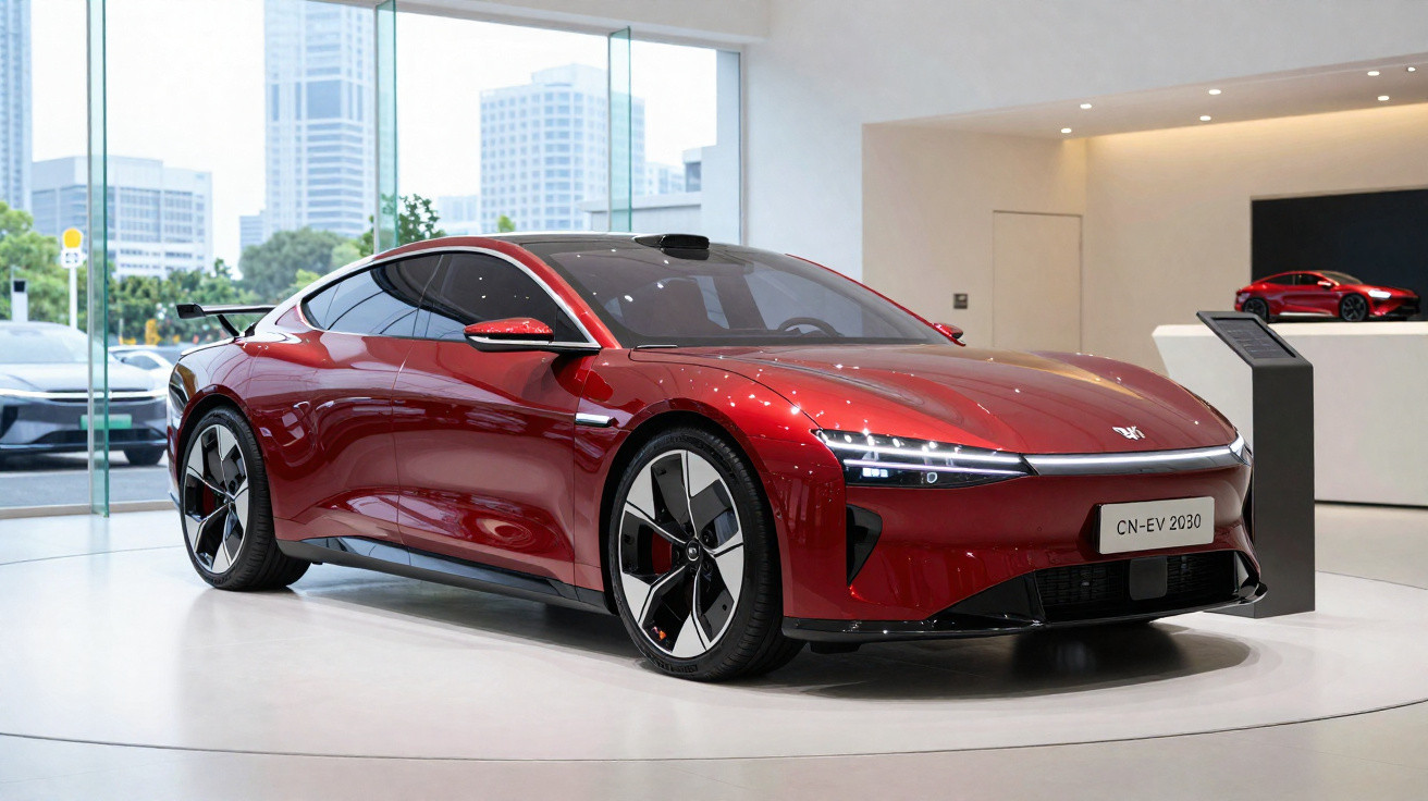 Carro desportivo elétrico vermelho brilhante em exposição numa sala moderna com janelas panorâmicas.