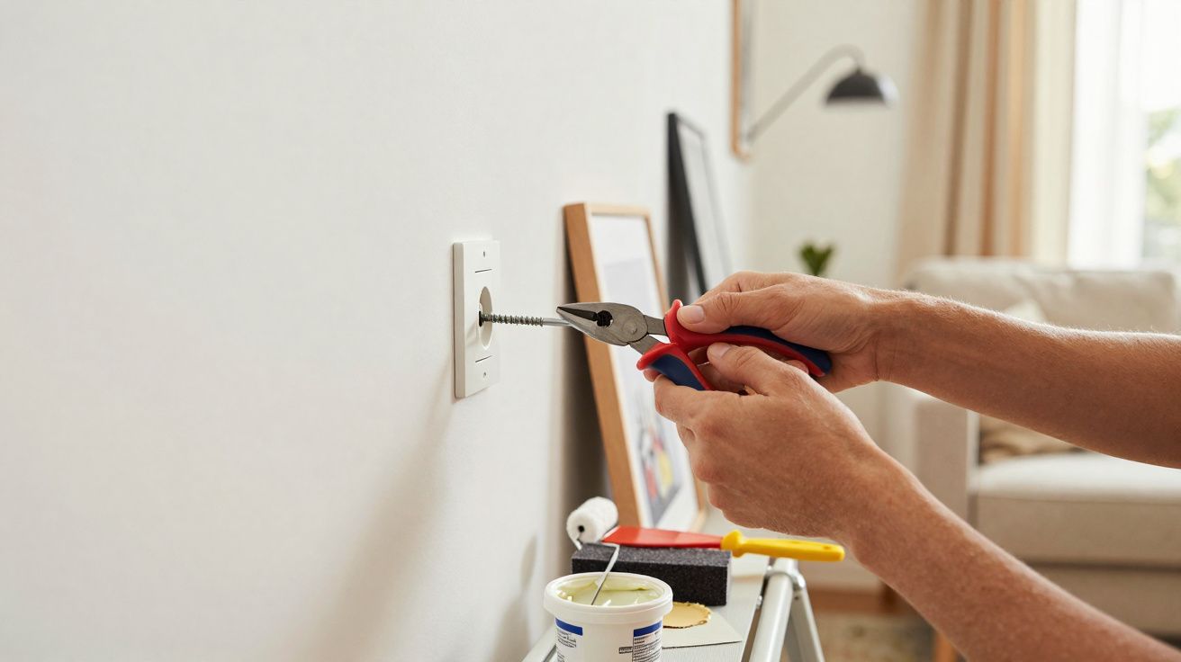 Mãos a usar alicate para retirar parafuso de tomada elétrica numa parede interior de casa.