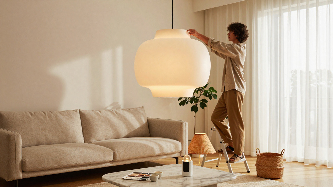 Pessoa ajusta candeeiro pendente grande numa sala de estar luminosa e moderna com sofá e mesa de mármore.