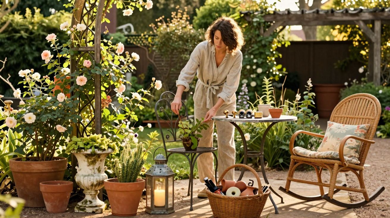 Mulher a cuidar de plantas em jardim ensolarado com cadeiras, mesa e flores em vasos.