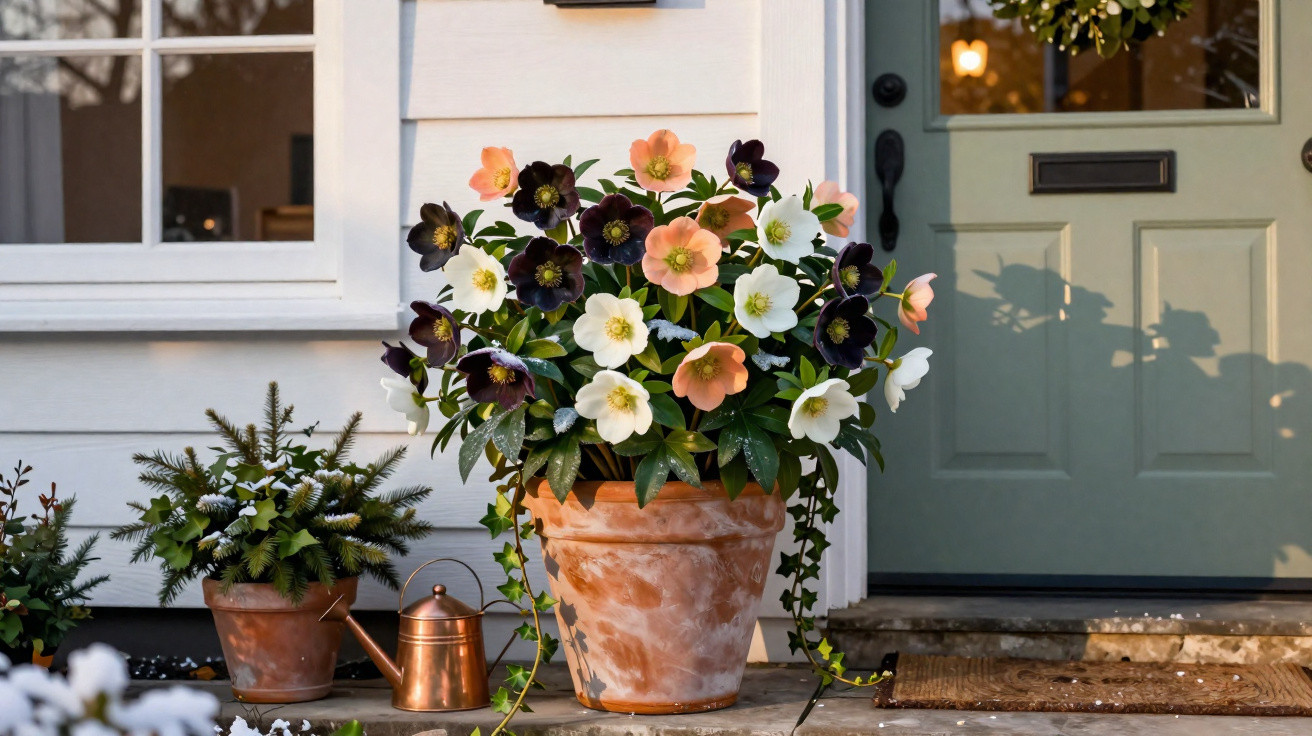 Vaso com flores brancas, cor de pêssego e roxas à entrada de uma casa com porta verde.