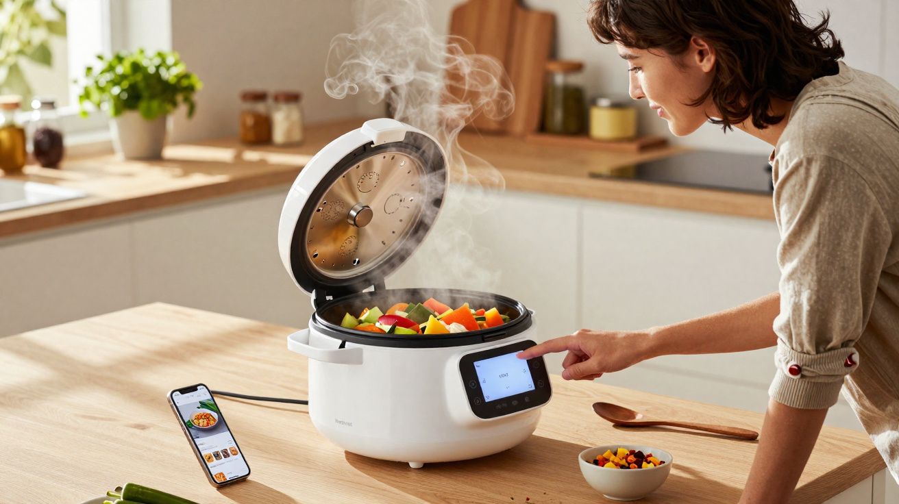 Mulher a usar panela elétrica multifunções na cozinha com legumes a cozinhar a vapor e telemóvel ao lado.