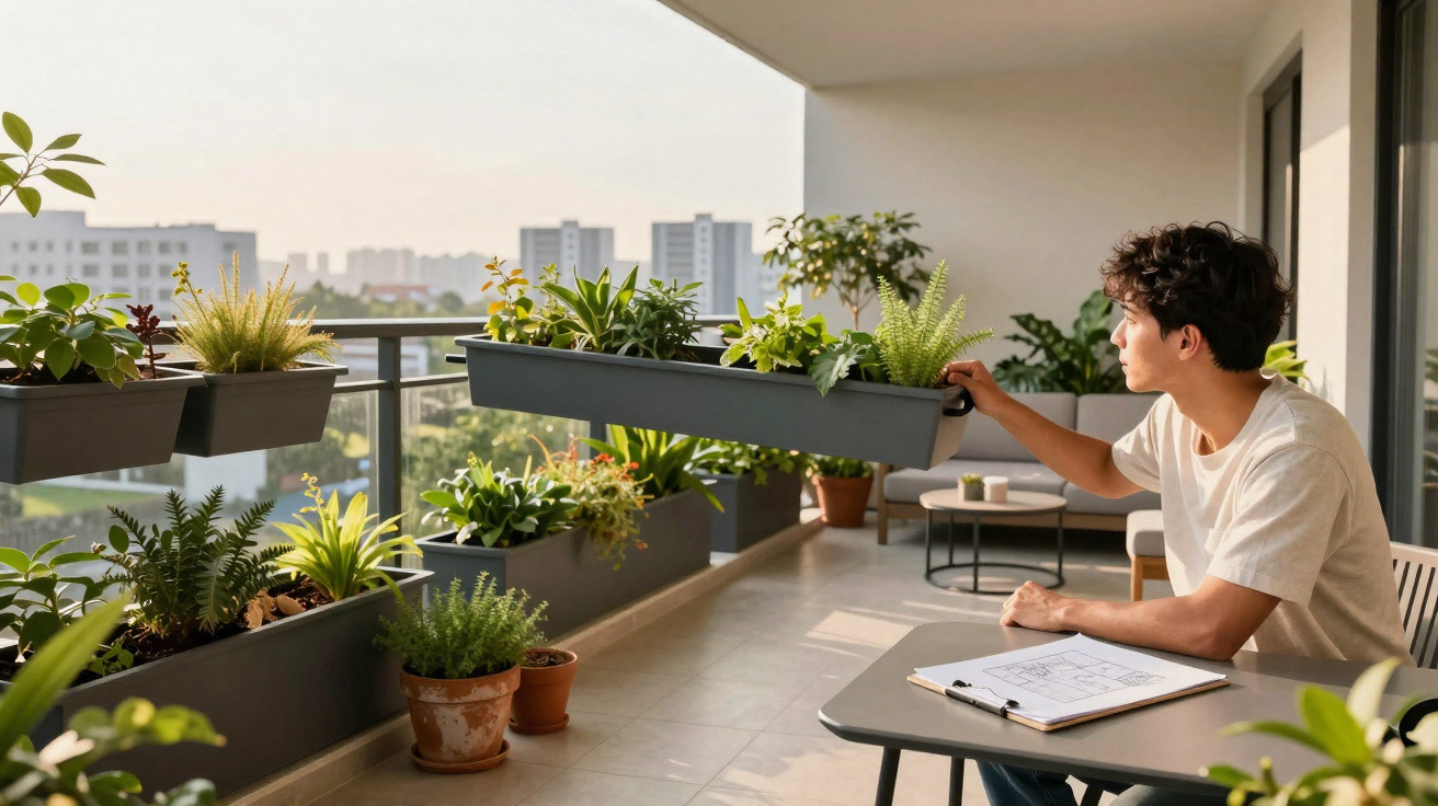 Jovem num terraço a cuidar de plantas em vasos durante o dia, com vista para edifícios ao fundo.