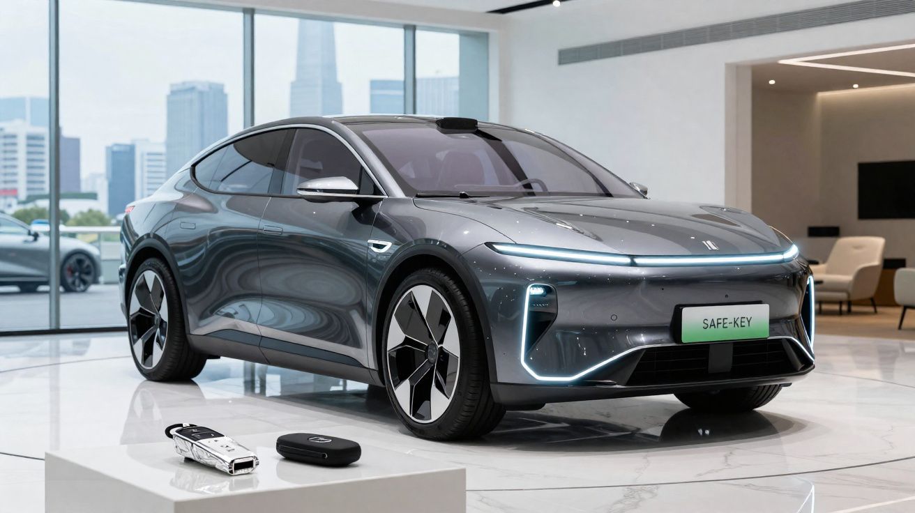 Carro elétrico cinzento moderno em exposição numa sala com janelas e vista para a cidade.