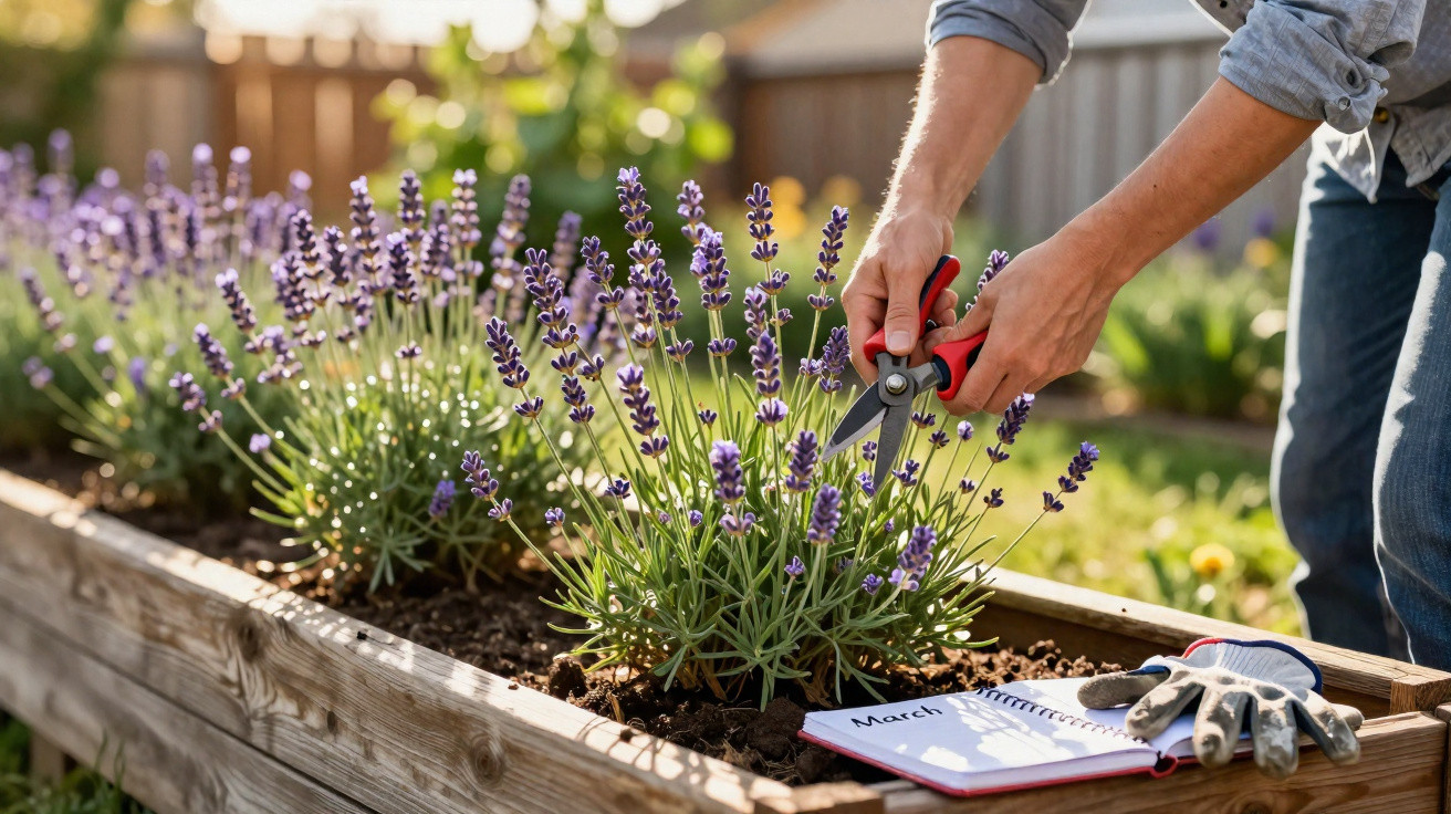 Pessoa a podar plantas de lavanda num canteiro de madeira, com luvas e caderno aberto.