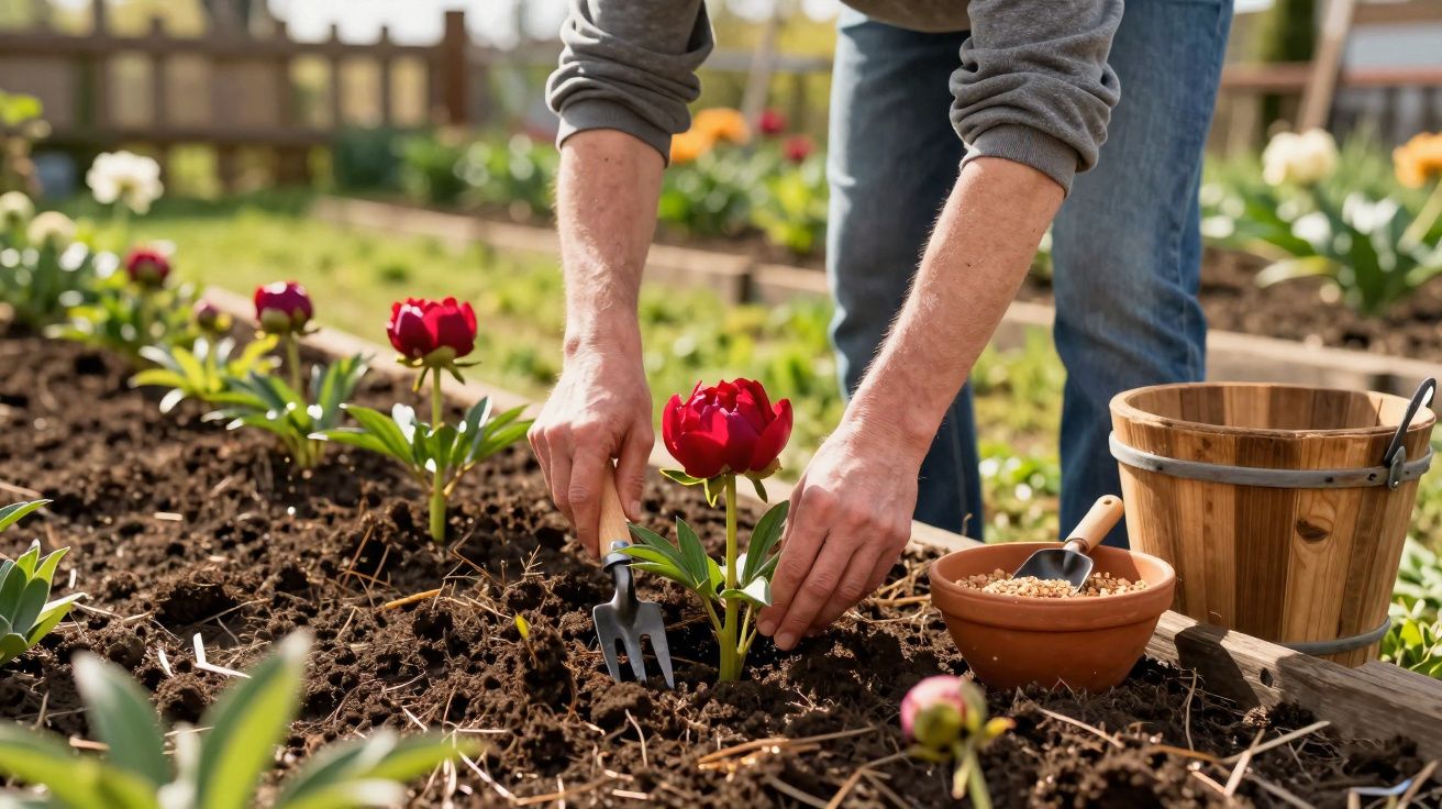 Pessoa a cuidar de flores vermelhas num jardim, com banco de madeira e sementes numa tigela ao lado.