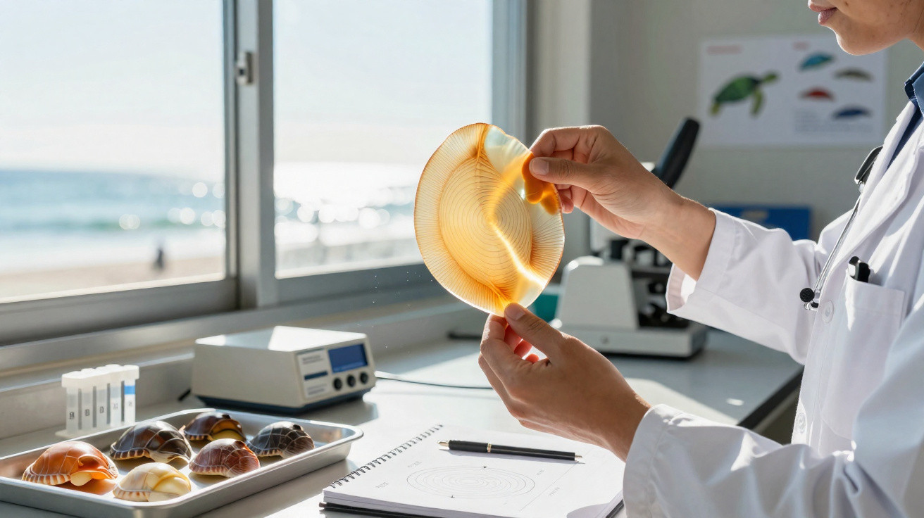 Investigador em laboratório a examinar concha marinha translúcida à luz natural junto a outra coleção de conchas.